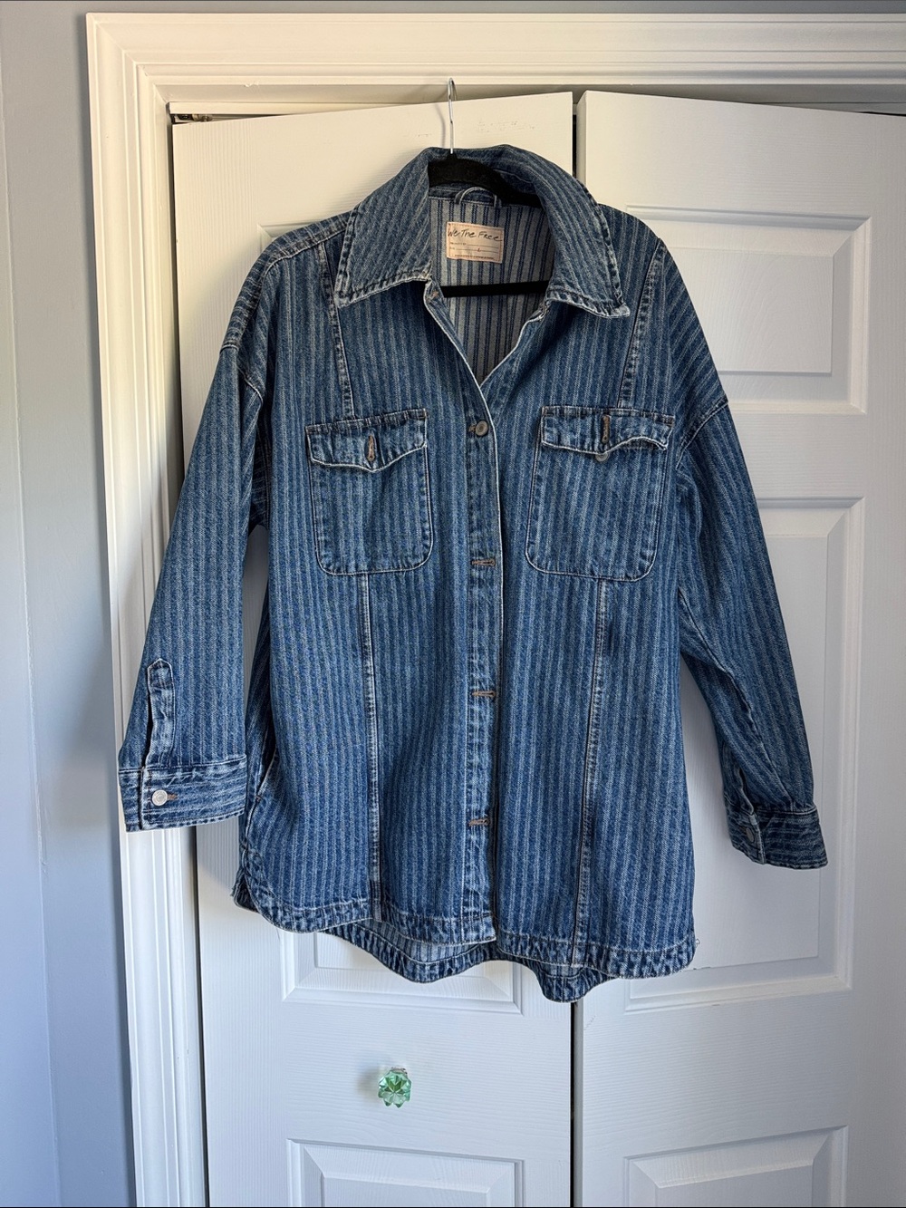 Free People-We The Free Dunes Striped Denim Shirt Jacket-Blue Abyss Size L